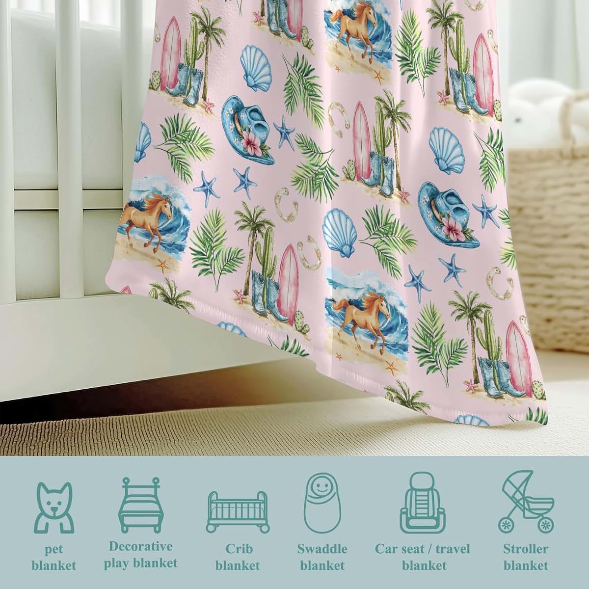 Wicbfdfv Boho Summer Beach Surfboard Palm Trees Baby Blankets for Boy Girl Western Cowboy Hat Boot Horse Flannel Fluffy (photo 4)