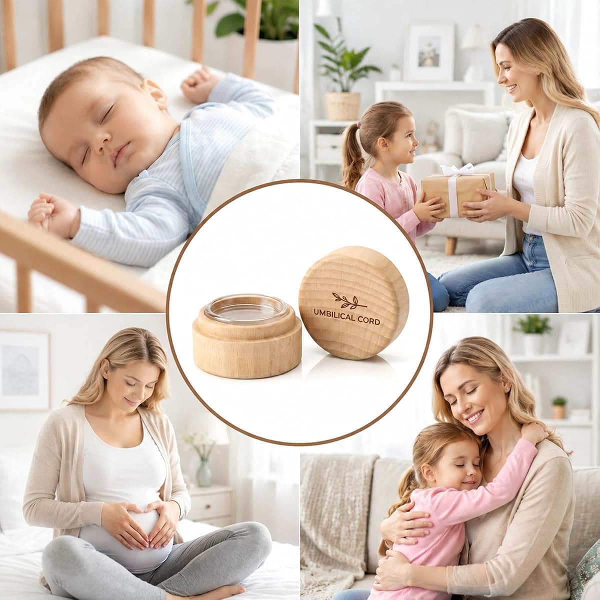 Ocapind Baby Umbilical Cord Memorial Box, Round Beech Wood Keepsake Case (photo 4)