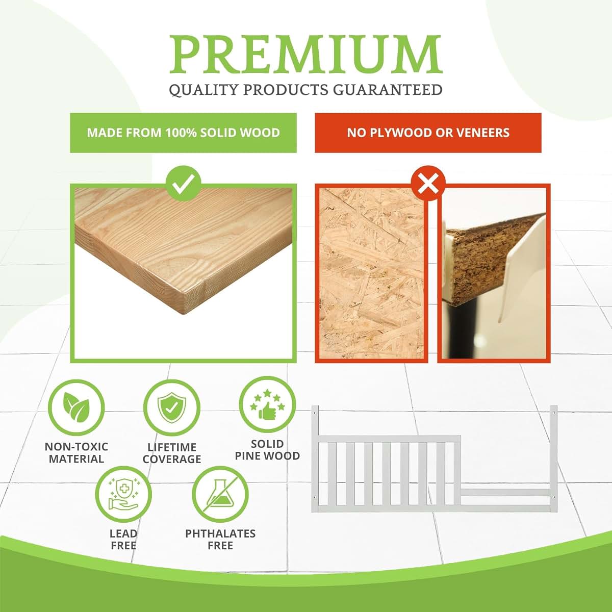 Solid Wood Toddler Bed Safety Guard Rail for Convertible Cribs