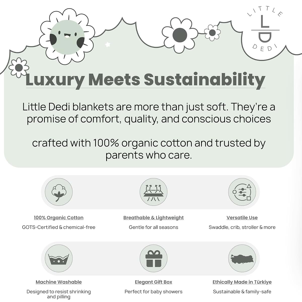 Little Dedi 100% Organic Cotton GOTS Certified Baby Knitted Blanket with Gift Box - Soft Toddler, Crib, Stroller (photo 4)
