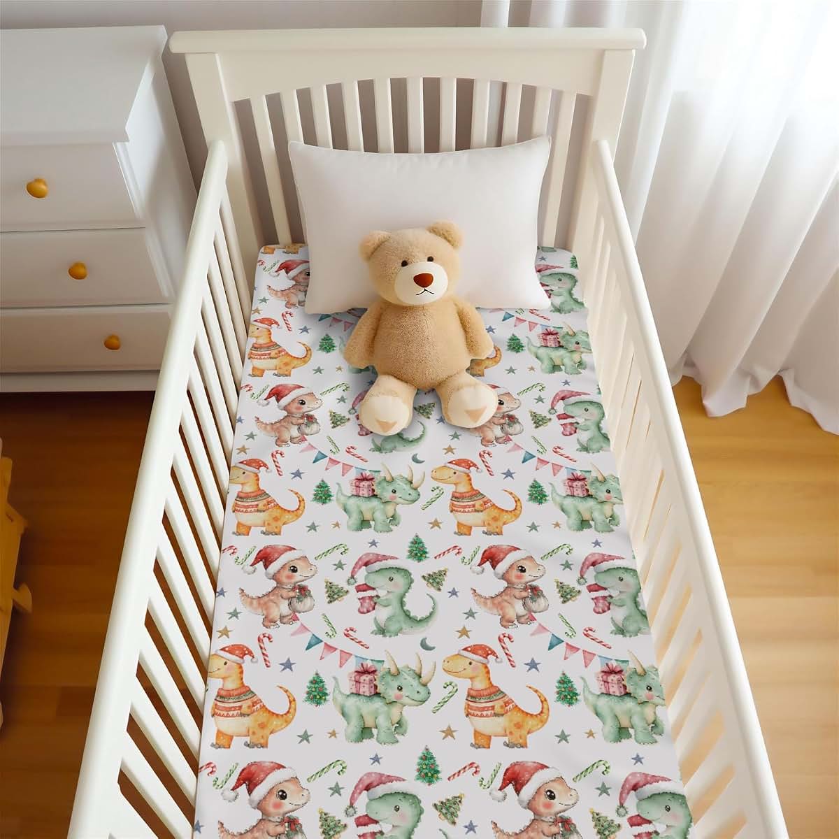 Wicbfdfv Cute Christmas Dinosaurs Pine Trees Red Green Baby Crib Sheet for Boys & Girls 52x28Inch Dino Candy Gift Moon (photo 4)