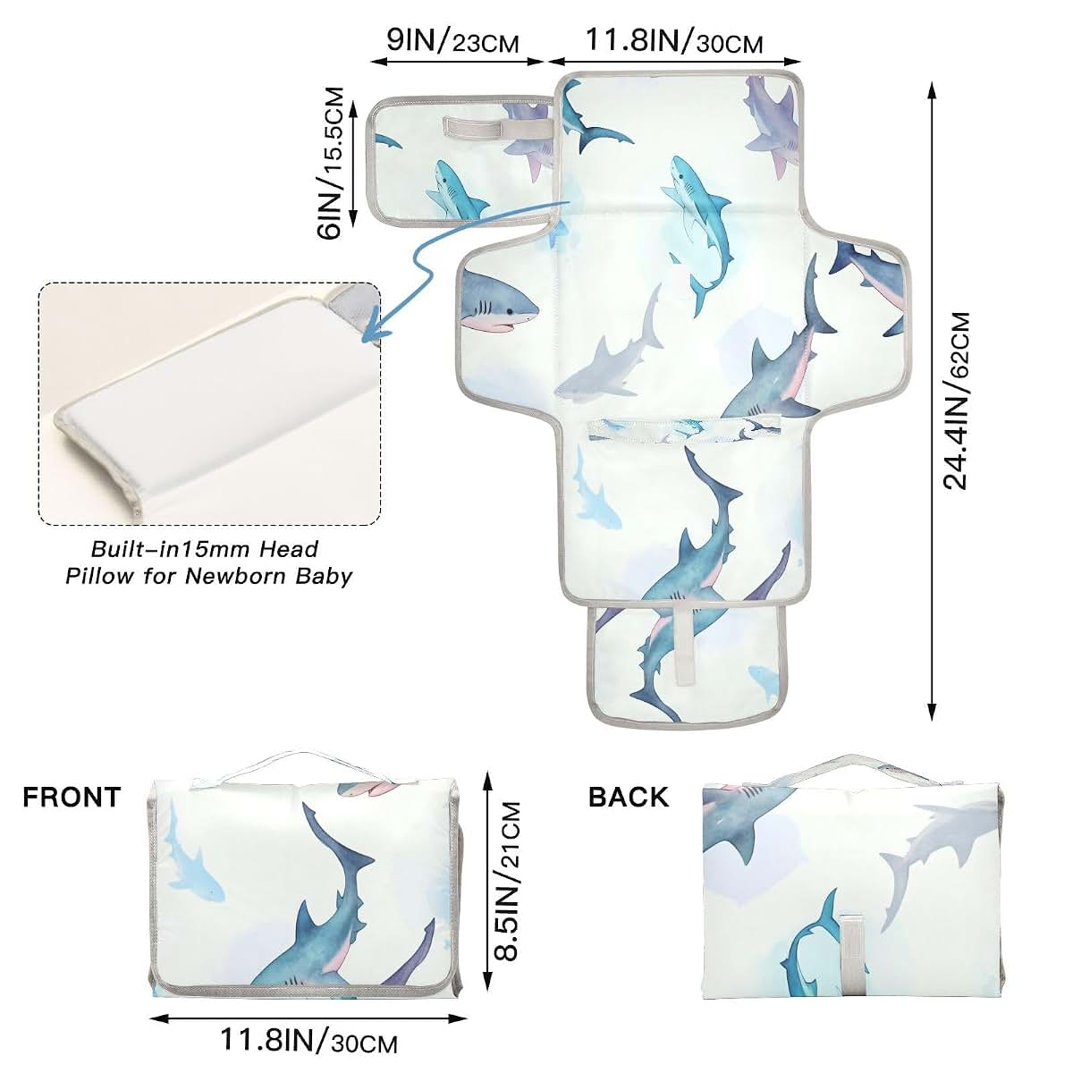 Nesatuwa Portable Baby Changing Pad with Built-in Pillow, Watercolor Sharks, Waterproof Foldable