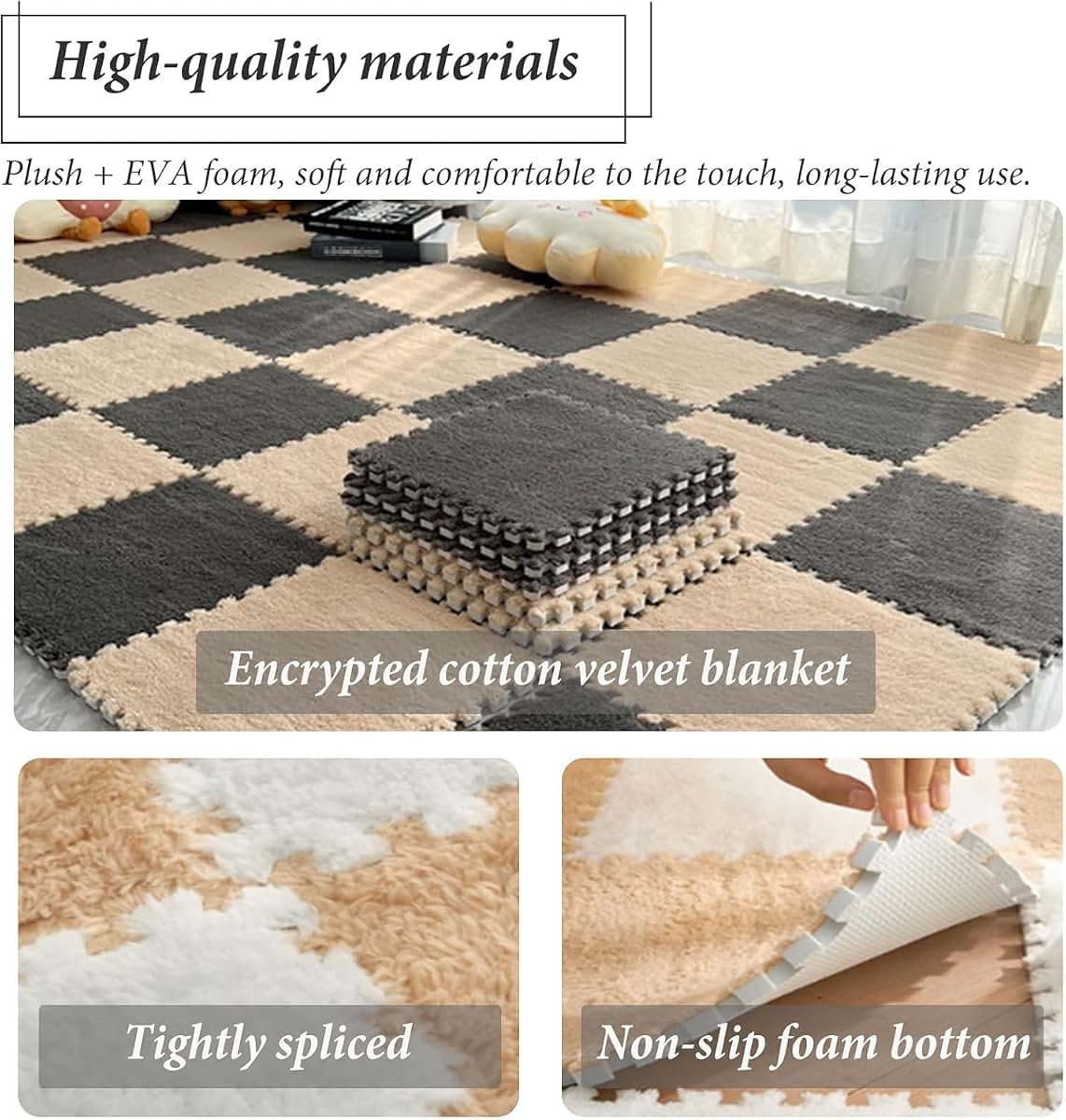 LBAawxe Square Foam Floor Mat, Plush Interlocking Carpet Square, Washable, Puzzle Rug, Non-Slip Soft Interlocking