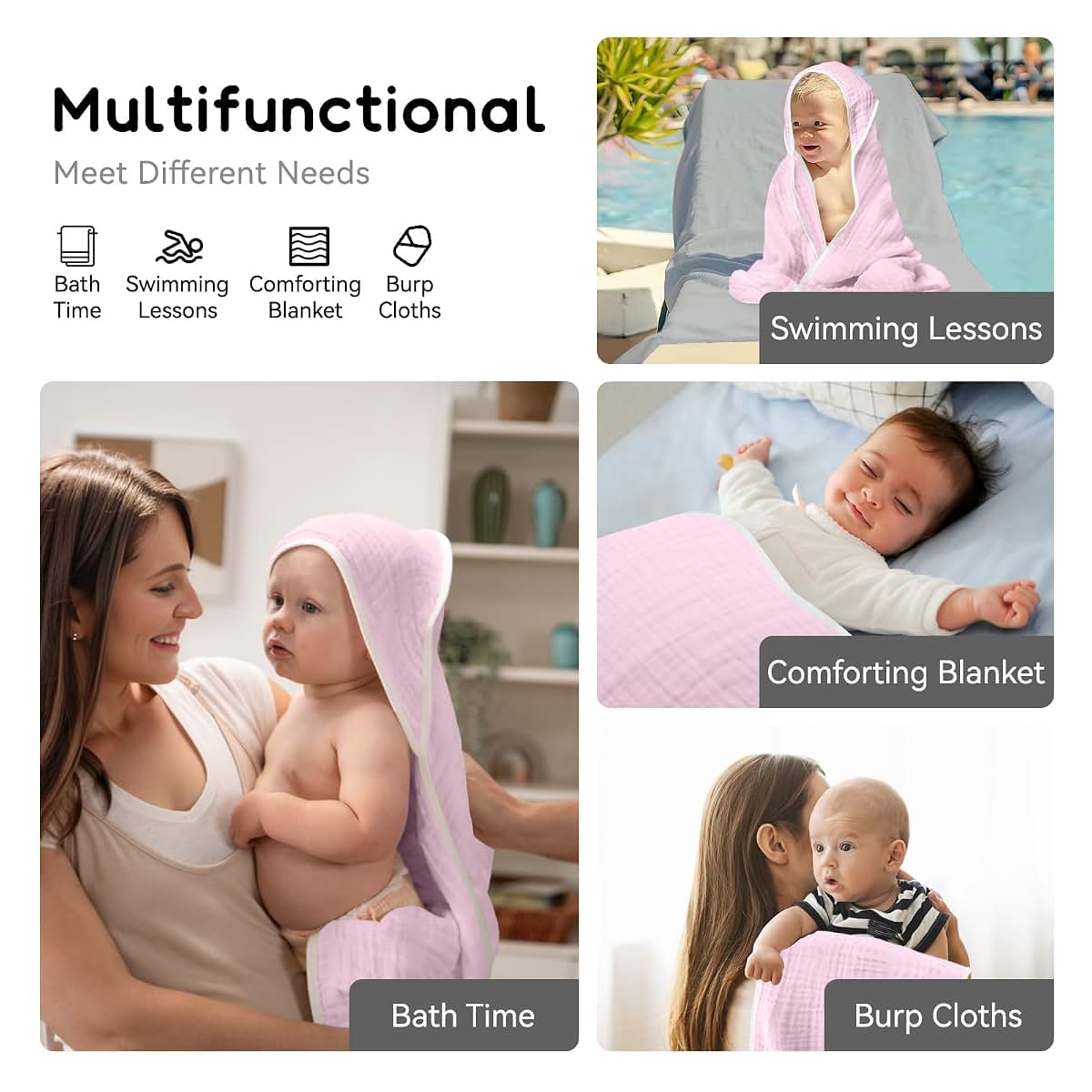 Arnzion Baby Hooded Bath Towels 2 Pack, Brown & Pink Muslin Cotton, 32x32 Inch