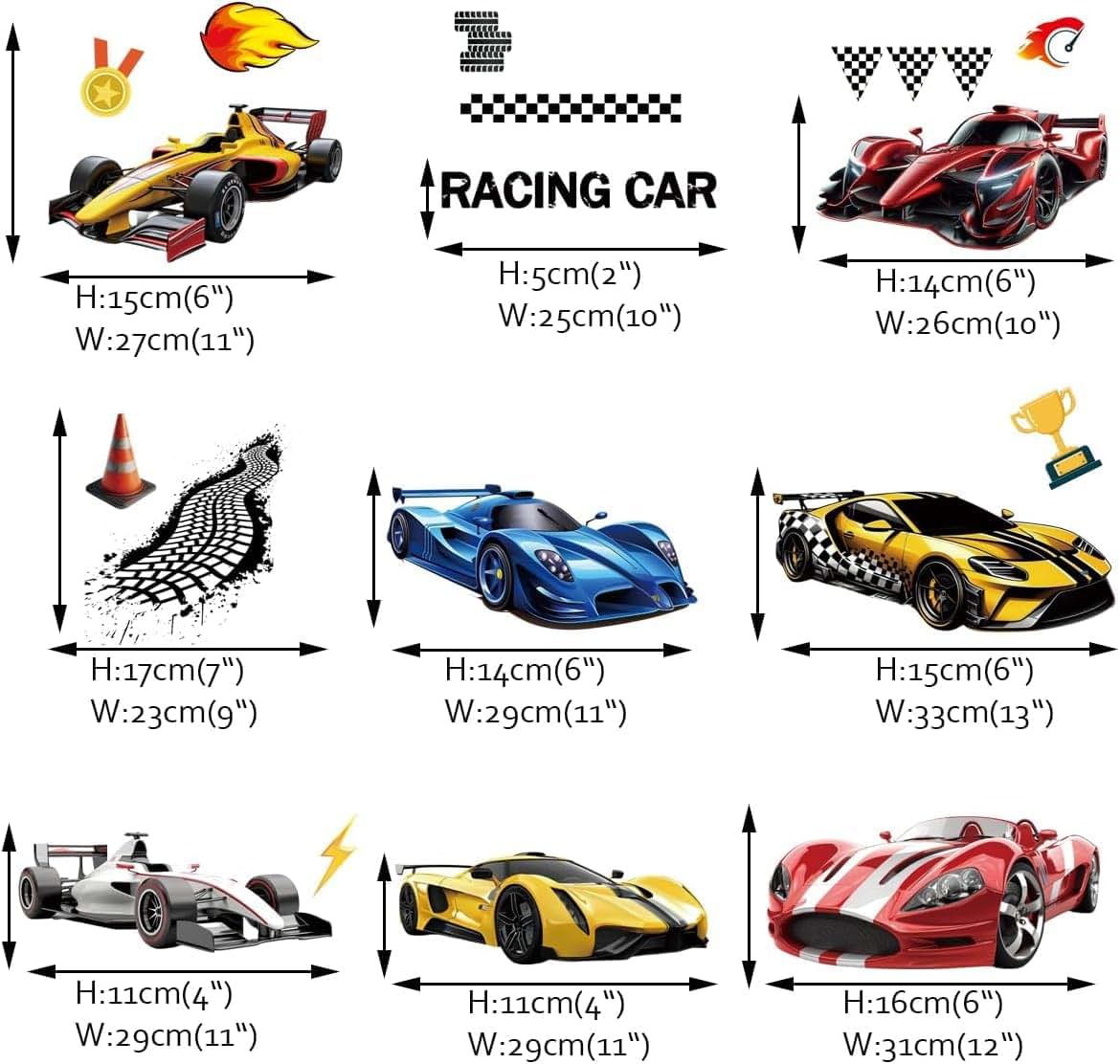 Runtoo Racing Car Wall Decals Vinyl Peel-and-Stick Set