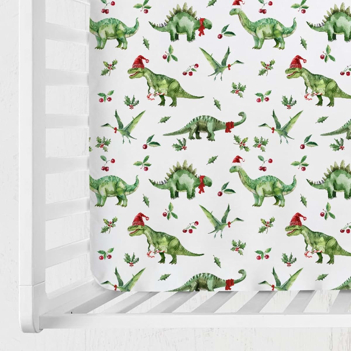 Christmas Dinosaurs Baby Crib Sheet 52x28 Fitted Standard Crib Toddler Mattress Cover