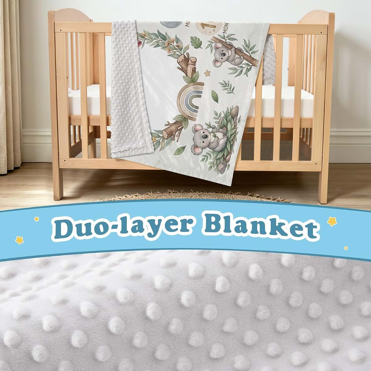 WEIKASSO Personalized Koala Milestone Baby Name Double Layer Swaddle Blanket (photo 4)