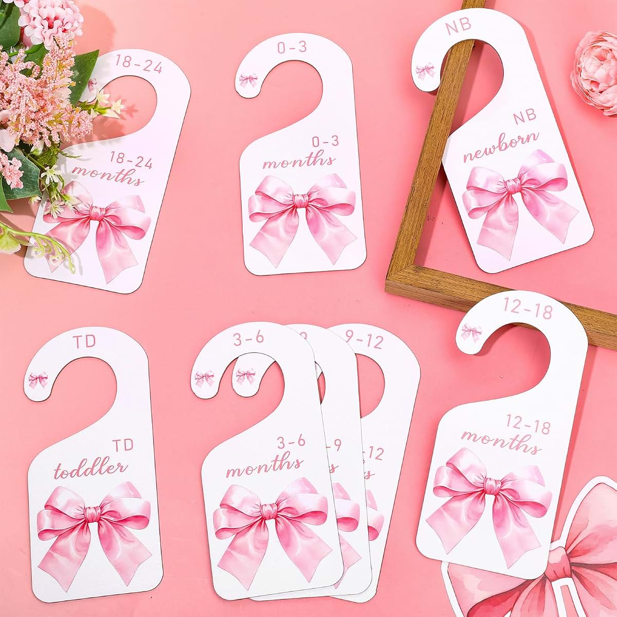 FYSUIMU 8-Piece Pink Bow Baby Closet Dividers, Watercolor Paper Hanging Organizer for Nursery