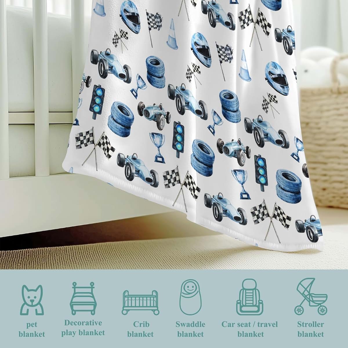 Wicbfdfv Cute Race Car Flag Baby Boy Girl Blue Races Vehicle Trophy Traffic Light Vehicles Blankets Flannel Fleece