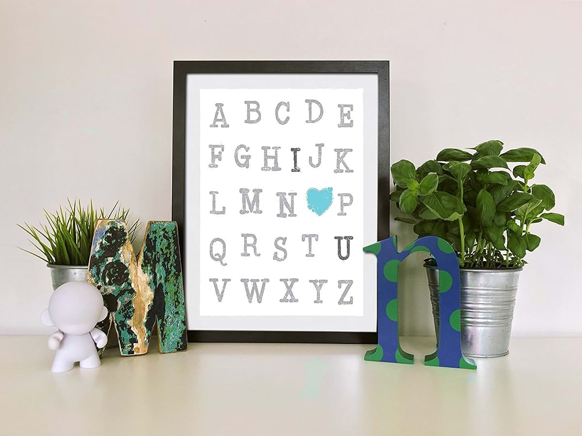Children Inspire Design ABC's of Love Blue 08x10 Inch Print, I Love You Wall Quotes Nursery Quotes Alphabet Letters