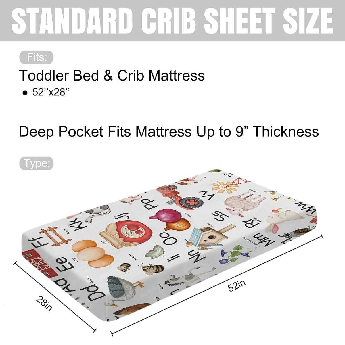 BabyOneStop Farm Animal Alphabet Fitted Crib Sheet 52x28 Inch