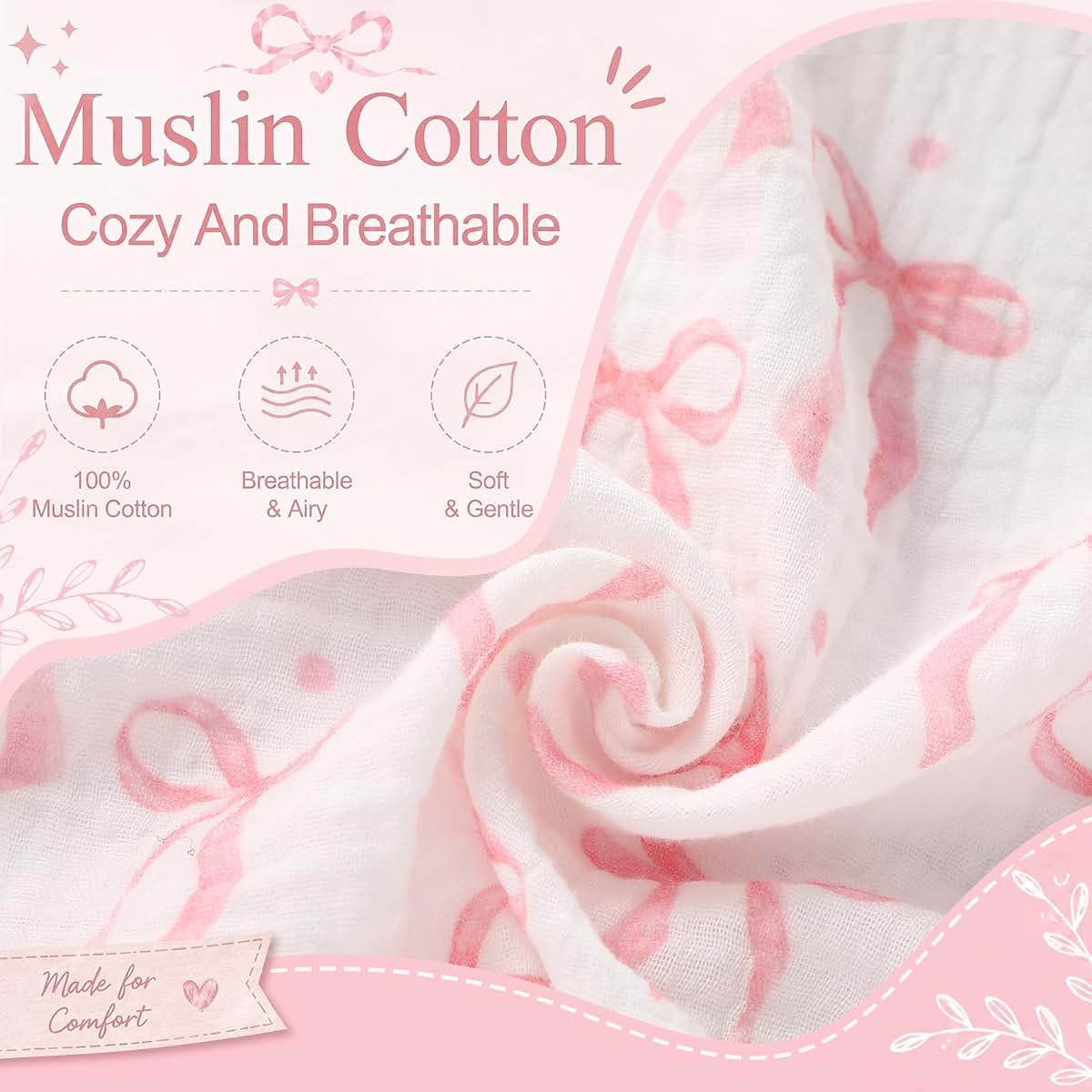 CrystalSylara Pink Bow 6 Piece Muslin Baby Gift Set with Swaddle Blankets, Burp Cloths and Bibs