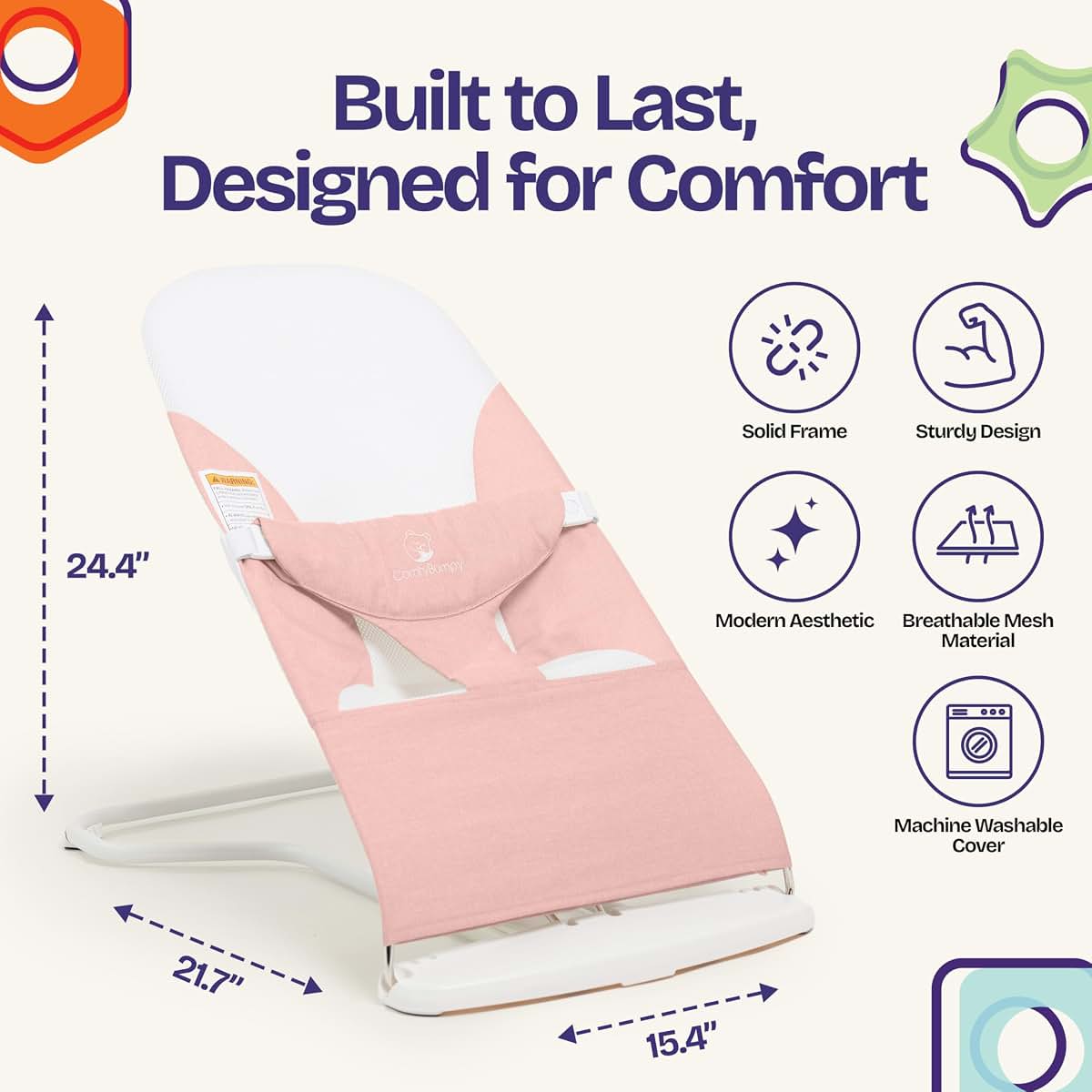 ComfyBumpy Baby Bouncer Seat, Organic Cotton & Breathable Mesh, 3-Position Foldable Portable Infant Bouncer with Carry Case (8-20lbs) Pink