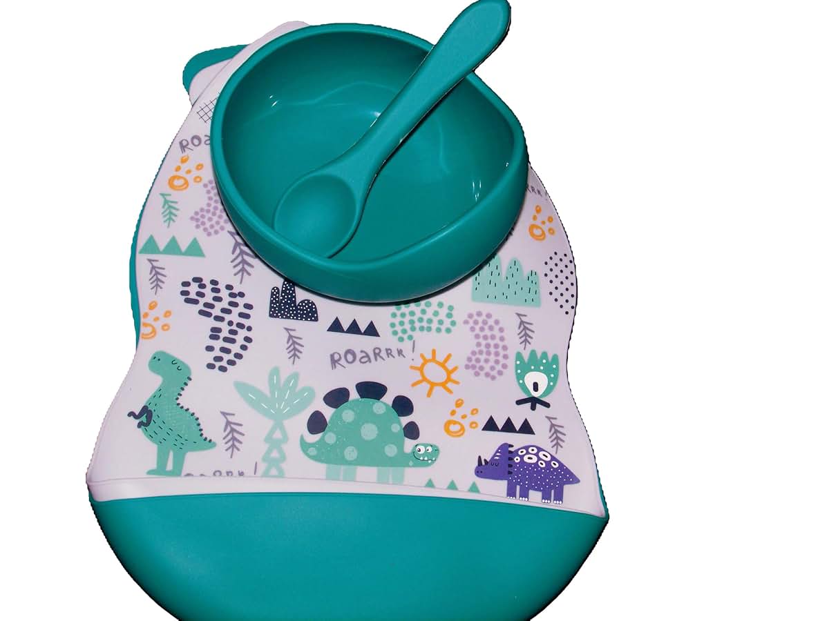 BabyOneStop Silicone Dinosaur Print Bib Set with Bowl and Spoon - Marble & Teal