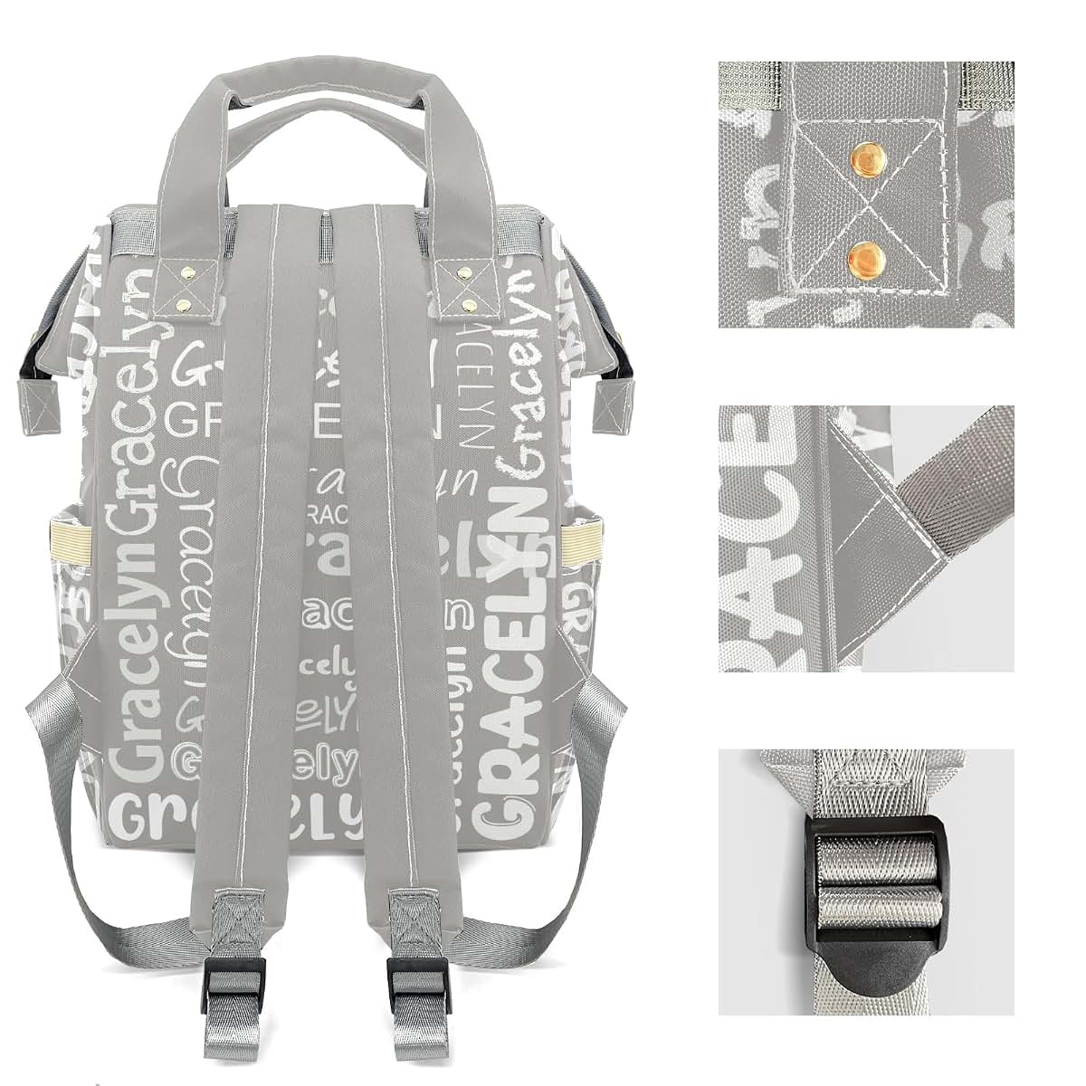 LiSoAkWE Light Gray Letter Personalized Large Capacity Diaper Bags,Custom Name Backpack Casual Daypack Bag Nappy Bag