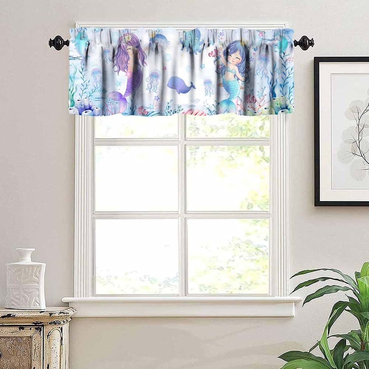 Aaveup Mermaid Valance Curtains - Blue Sea World Window Treatment