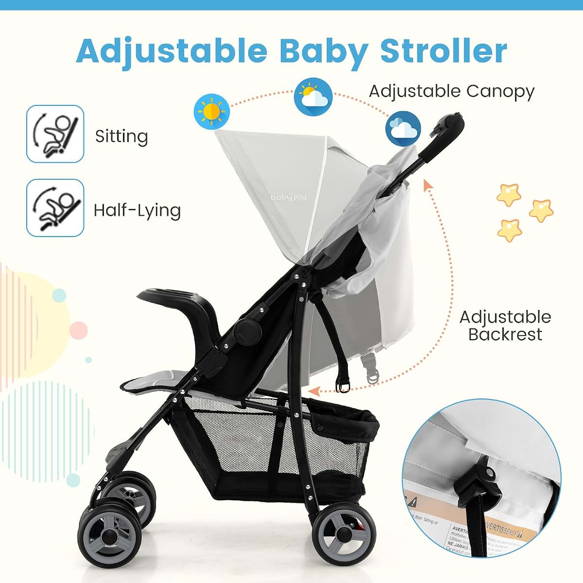 Lightweight Compact Travel Stroller for Toddlers with Adjustable Backrest
