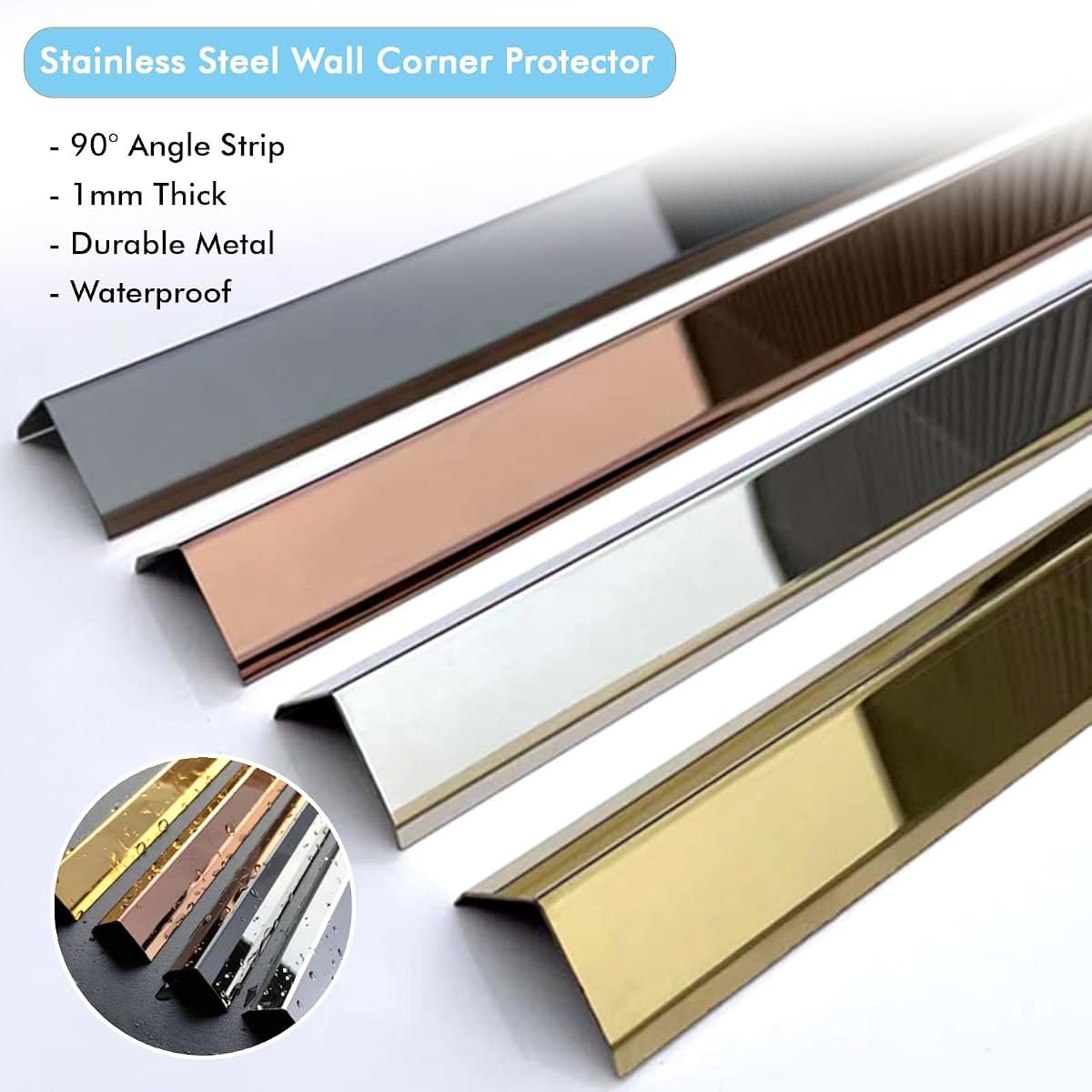 HOBGSL 3 Pcs Wall Corner Guard Stainless Steel, Self Adhesive Wallpapers Corner Protector Strips/ Peel and Stick Edge (photo 4)