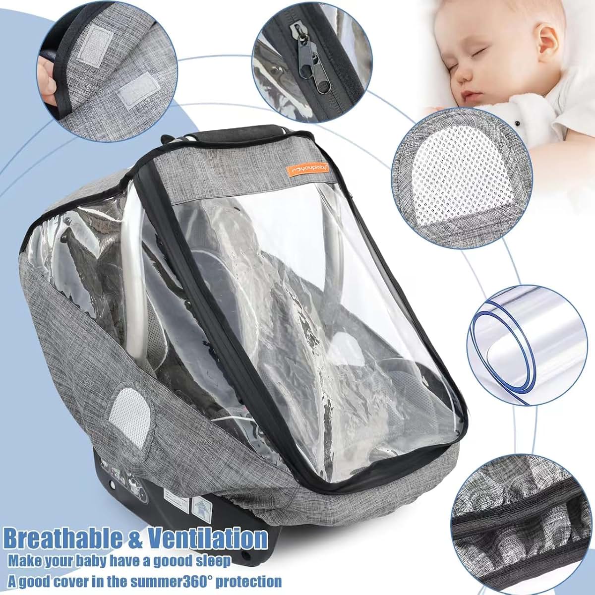 Infant Car Seat Rain Cover With Quick-Access Zipper And Vents