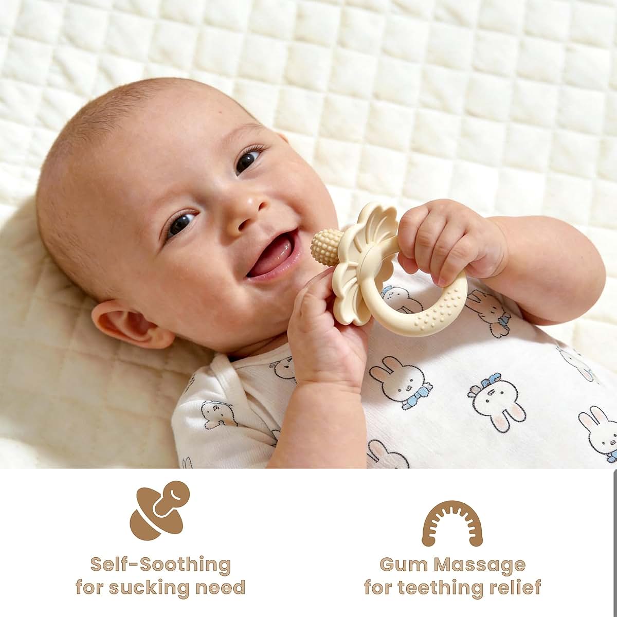 VoMii Silicone Flower Baby Teether with Pacifier End, Beige