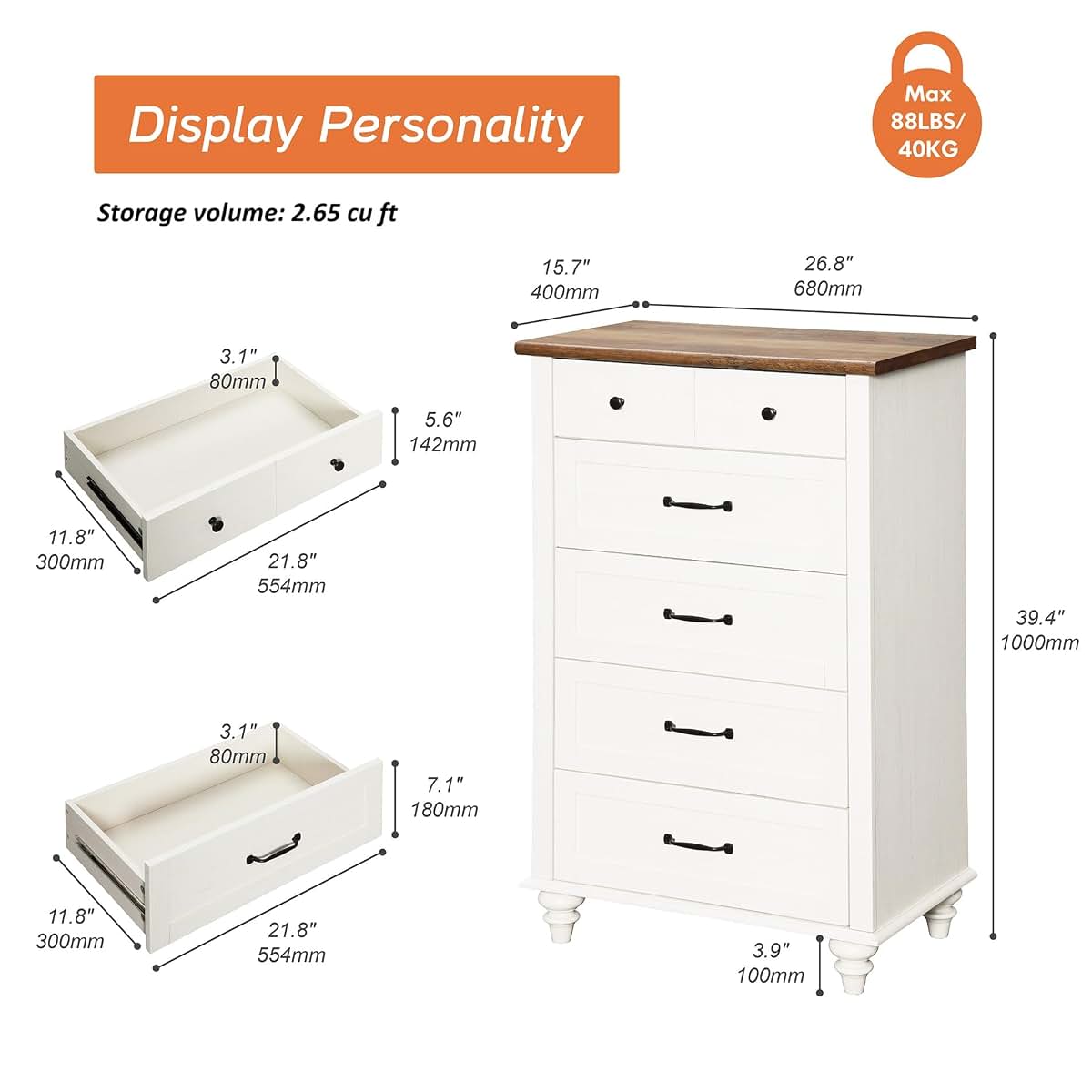 WAMPAT Kids Dresser with 5 Drawers, Engineered Wood, Off White