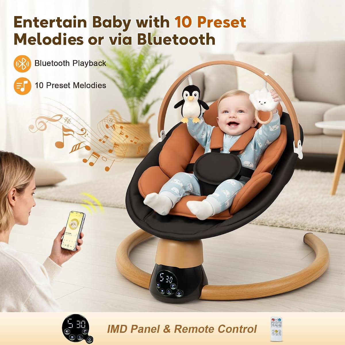 Portable Electric Baby Swing with Bluetooth and 5 Speed Settings
