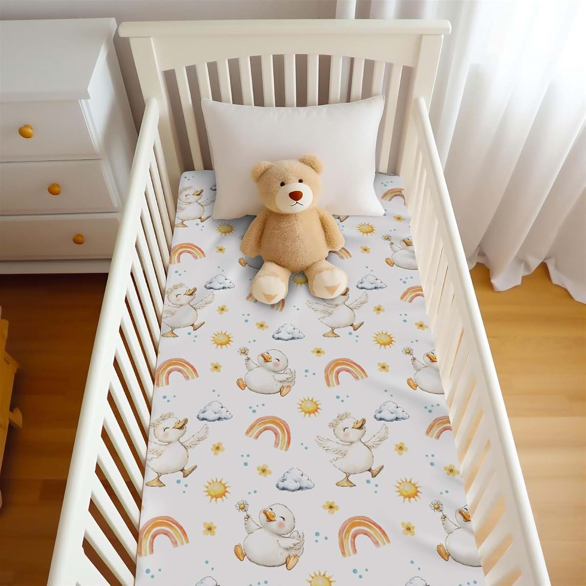 Cute Duck Rainbow Floral Sun Fitted Crib Sheet 28x52 Inch Standard Crib and Toddler Mattress