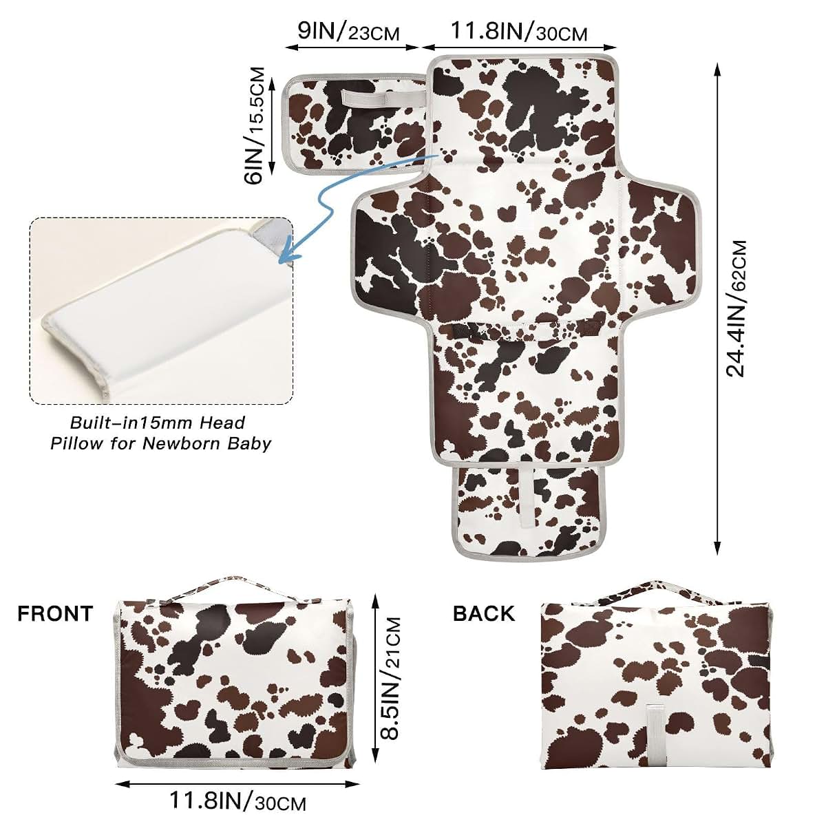 Kigai Cow Print Portable Diaper Changing Pad with Zippered Mesh Pocket