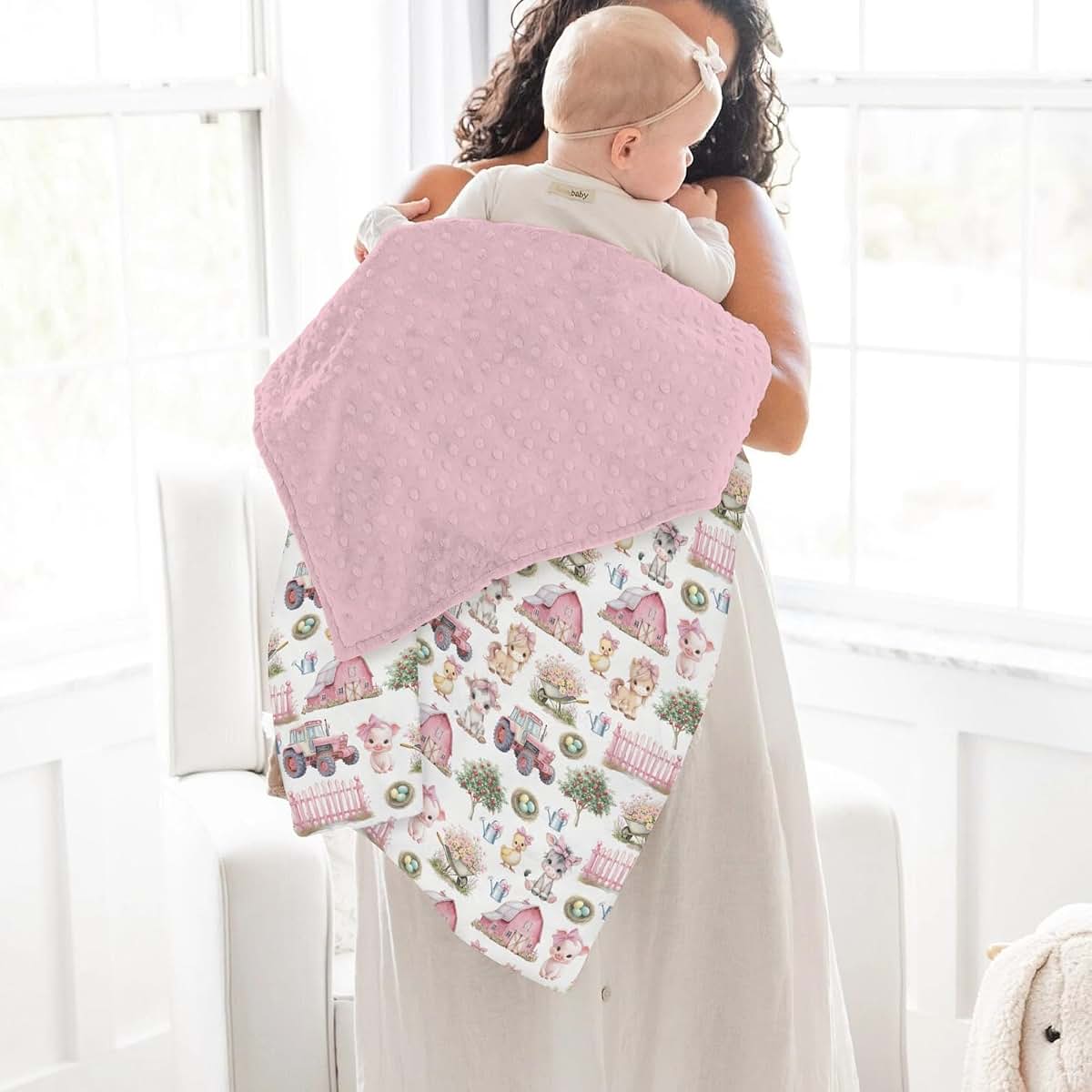 Selgkds Pink Farm Animals Baby Blanket With Dotted Fleece Backing (photo 4)