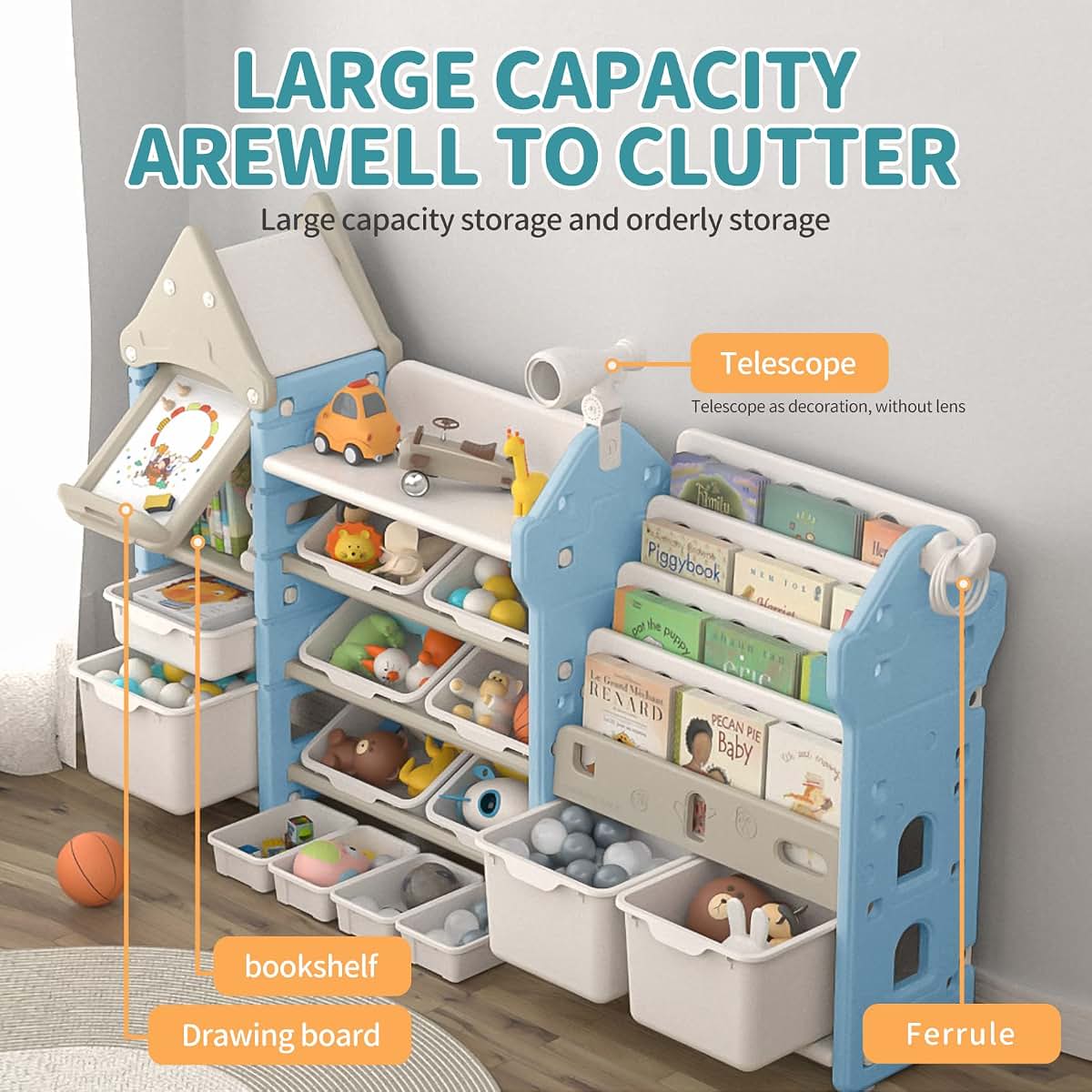 Unicoo Kids Toy Storage Organizer with Bookshelf and 14-Bin Playroom Unit