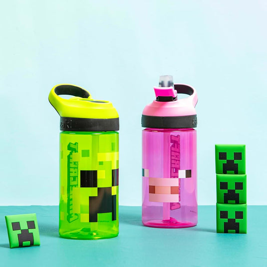 Zak Designs Minecraft Kids Water Bottle with Straw and Carrying Loop, Creeper/Pig, 16 oz, 2pc Set