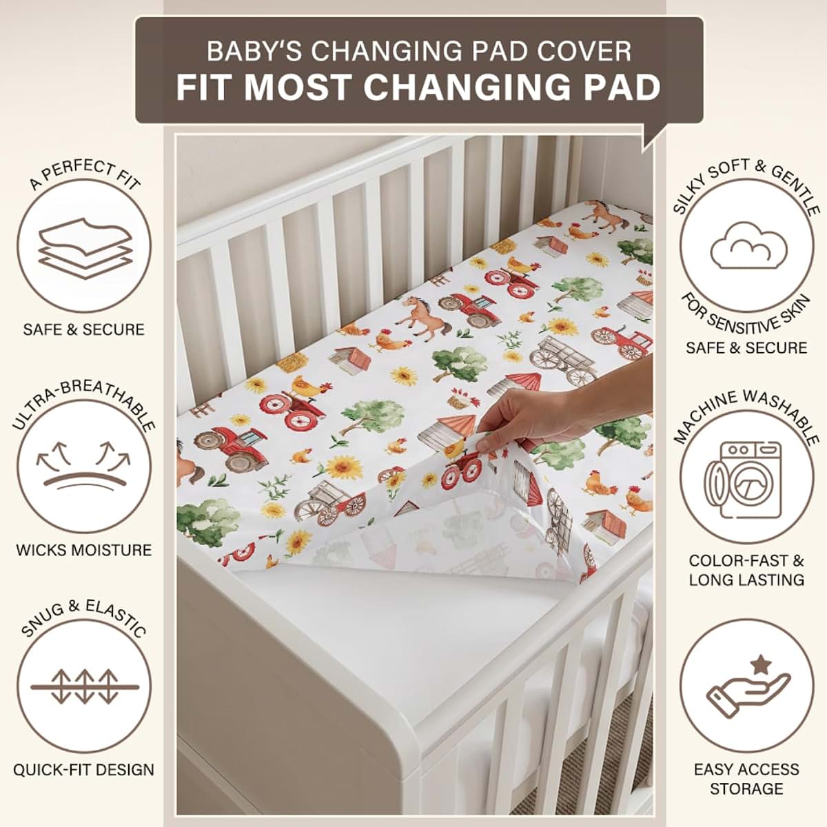 S2tMhb Horse Chicken Pattern Changing Pad Cover Liner for Unisex Baby,Farm Theme Snug Fitted Diaper Table Covers for (photo 4)