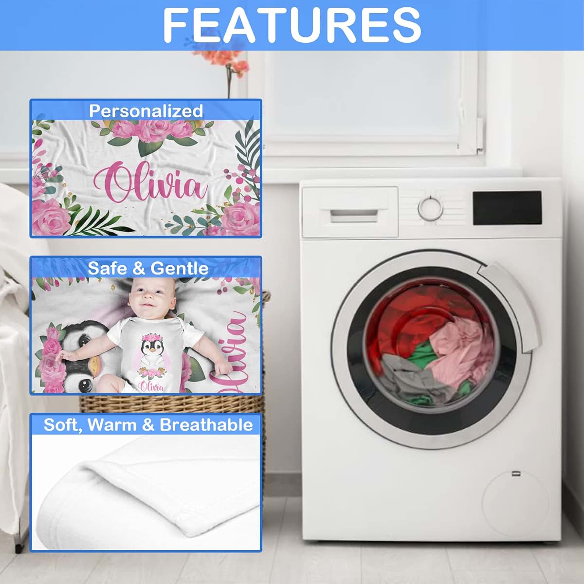 Voz Personalized Baby Blankets with Name, Customized for Girls- Penguin Blanket, Best Gift Baby, New Mom, Newborn, 30 x (photo 4)