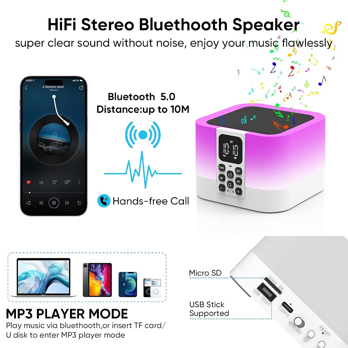 Night Light Bluetooth Speaker With Alarm And 30 Sounds