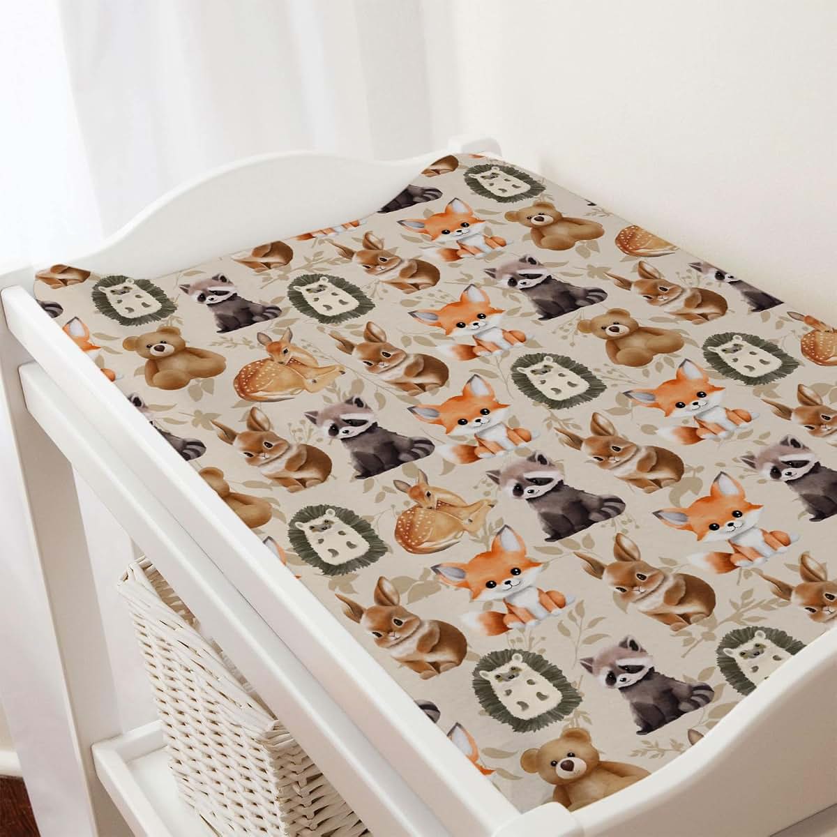Changing Pad Cover with Cute Animals Retro Floral Pattern