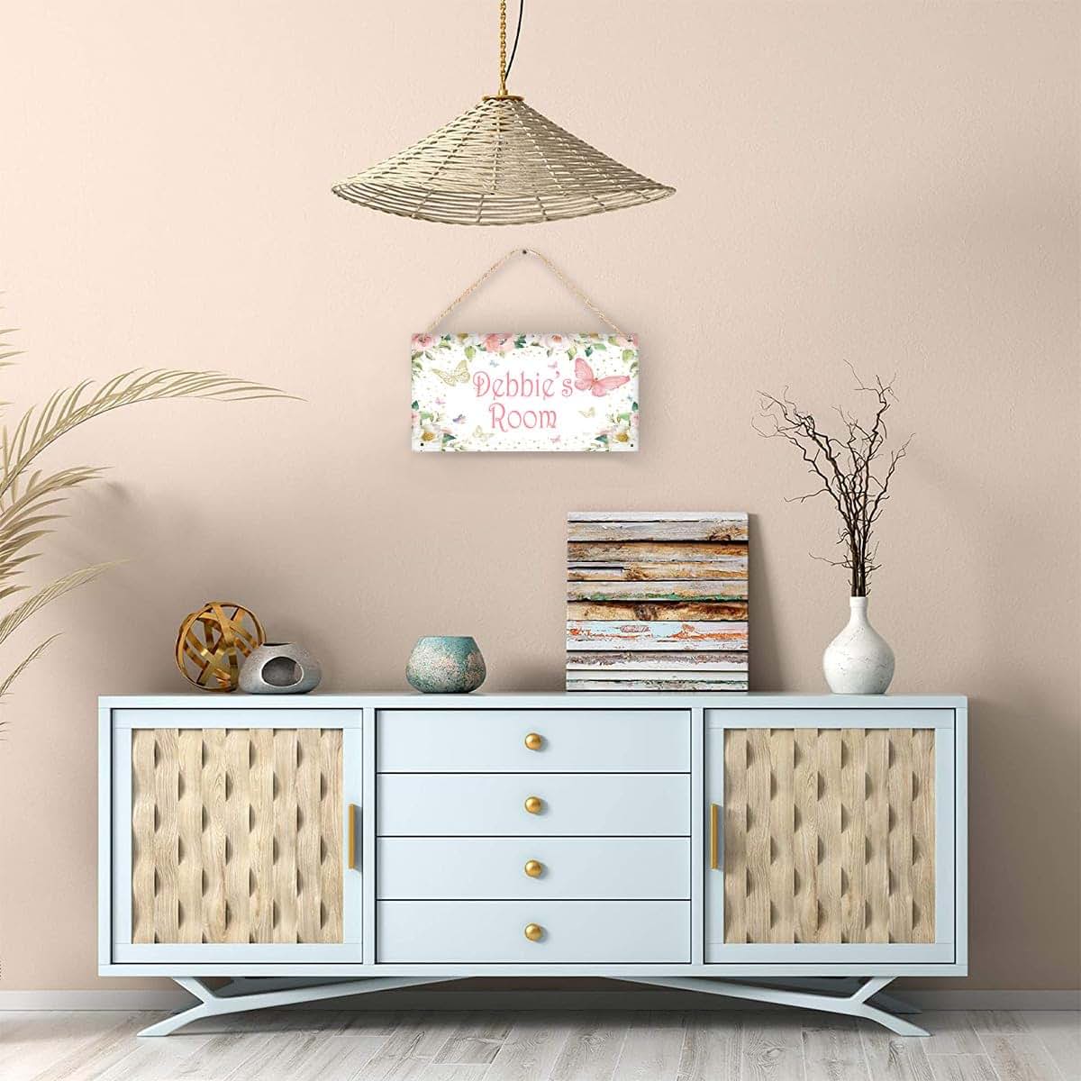 Cusdecor Personalized Pink Flower Butterfly Wooden Sign