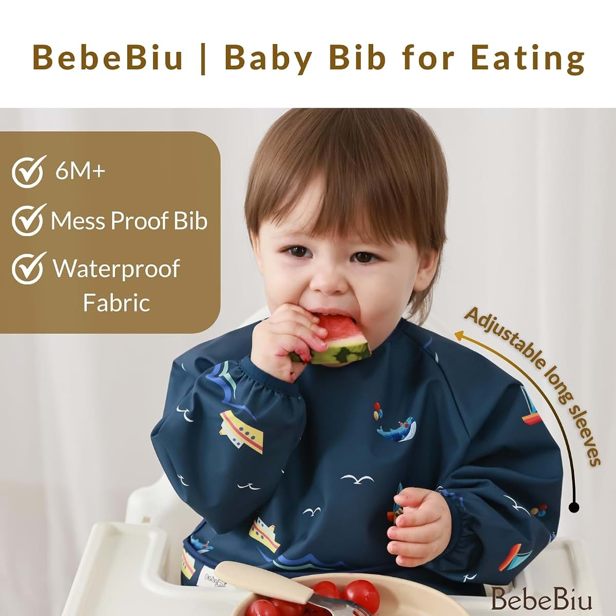BebeBiu Long Sleeve Baby Bib With Waterproof Fabric And Catch-All Pocket