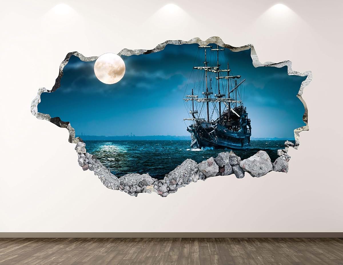West Mountain Pirate Ship Wall Decal Art Decor 3D Smashed Ocean Moon Sticker Mural Kids Room BL112 (22"W x 14"H)