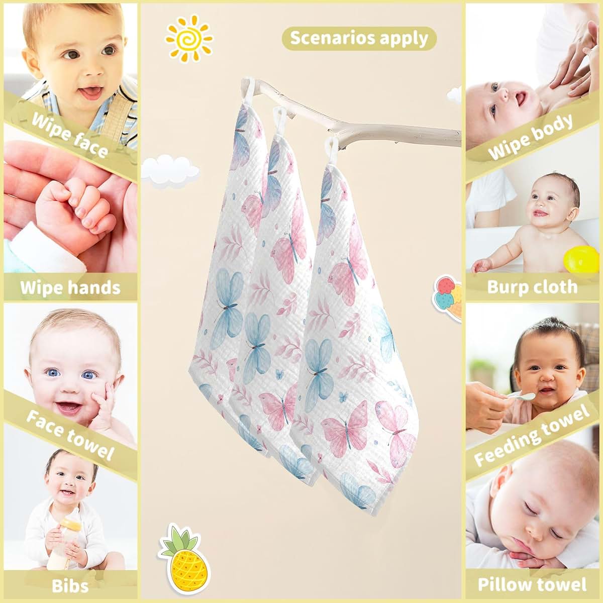 Burbuja Cute Butterflies Baby Washcloths - Soft Muslin Cotton 12x12 In 5 Pack