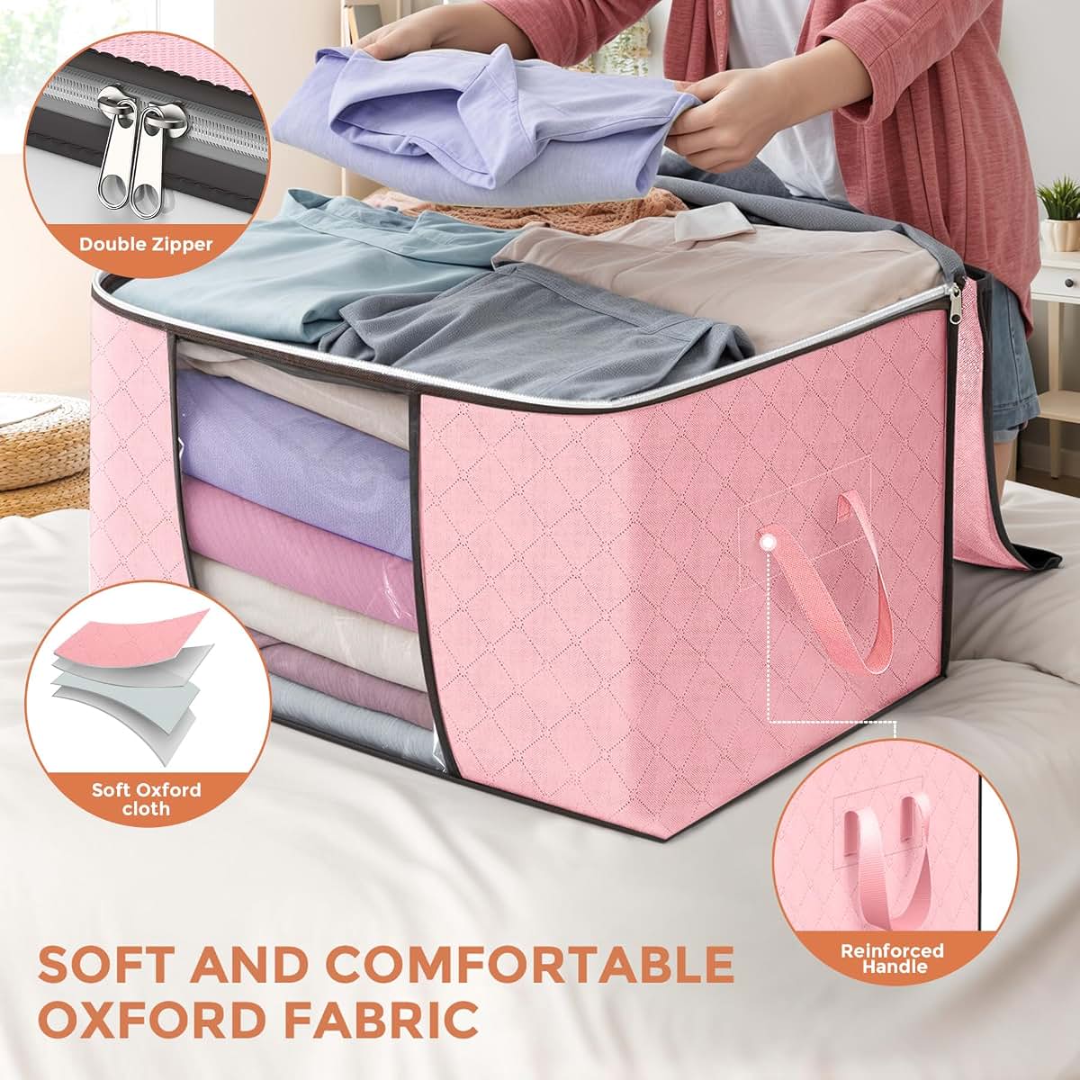 90L Large Storage Bags, 4 Pack Foldable Clothes Organizer Bins with Reinforced Handle