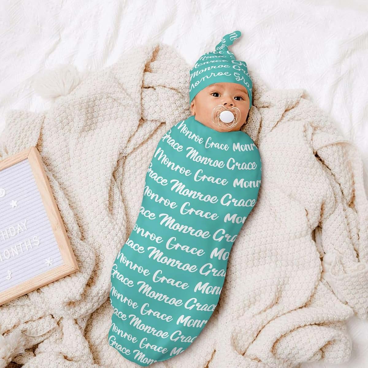 LiSoAkWE Teal Personalized Newborn Swaddle Blanket Hat Set,Soft and Stretchy Baby Blanket Swaddle Sack Gift for Boy (photo 4)