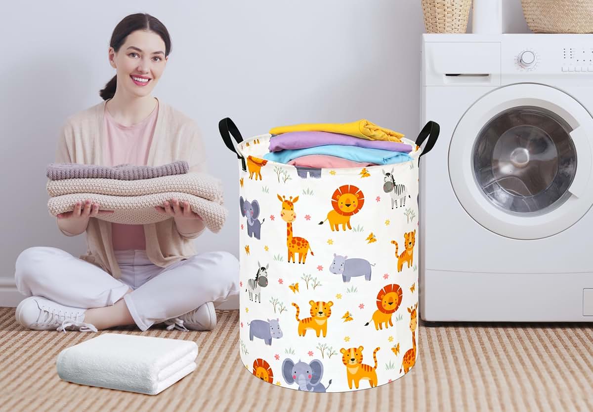 HUAYEE Round Lion and Tiger Pattern Laundry Hamper with Handles, Fabric Storage Bin