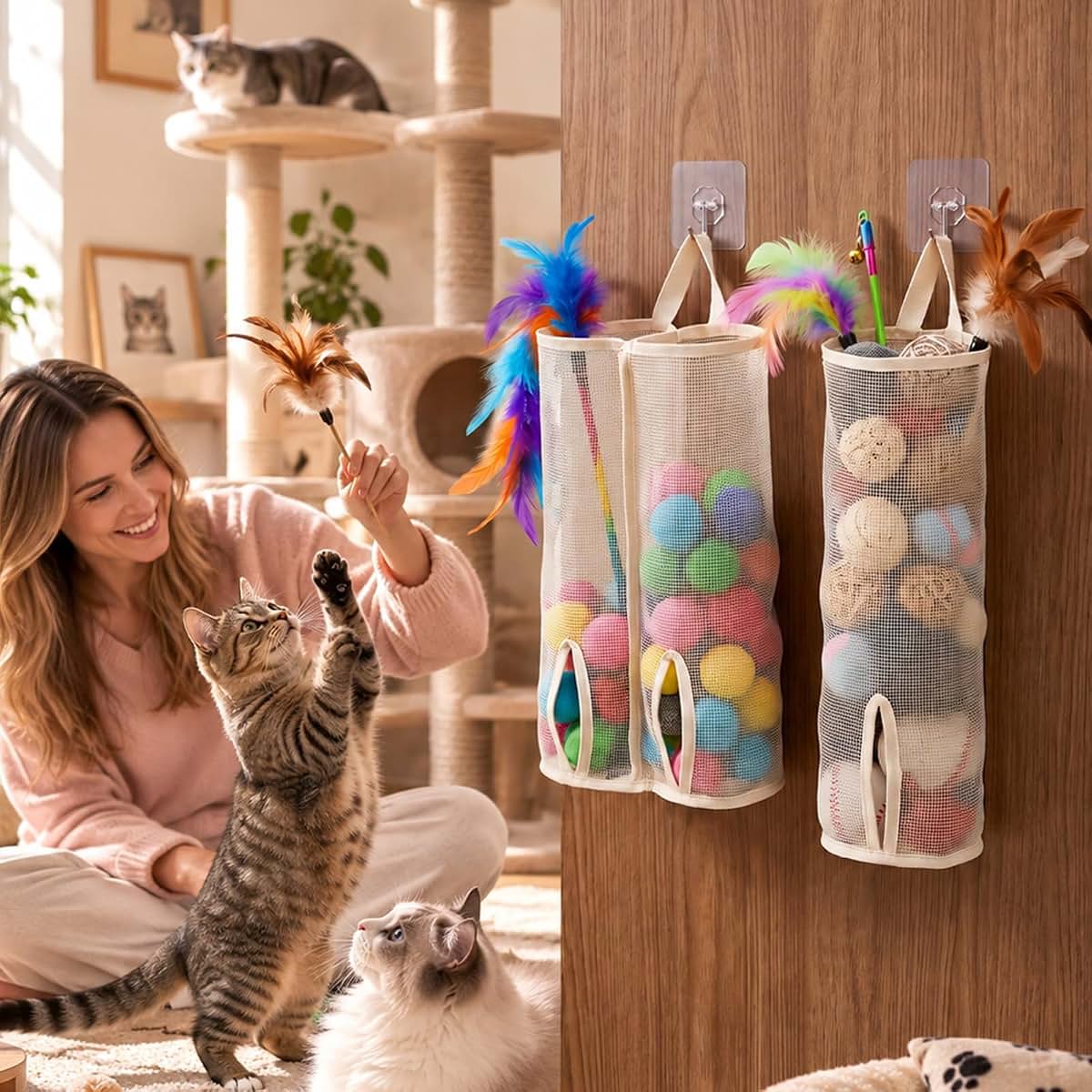 SULIKJHUI Cat Wand Holder, Cat Toy Organizer 2 Pcs Wall Mounted Storage Bag (photo 4)