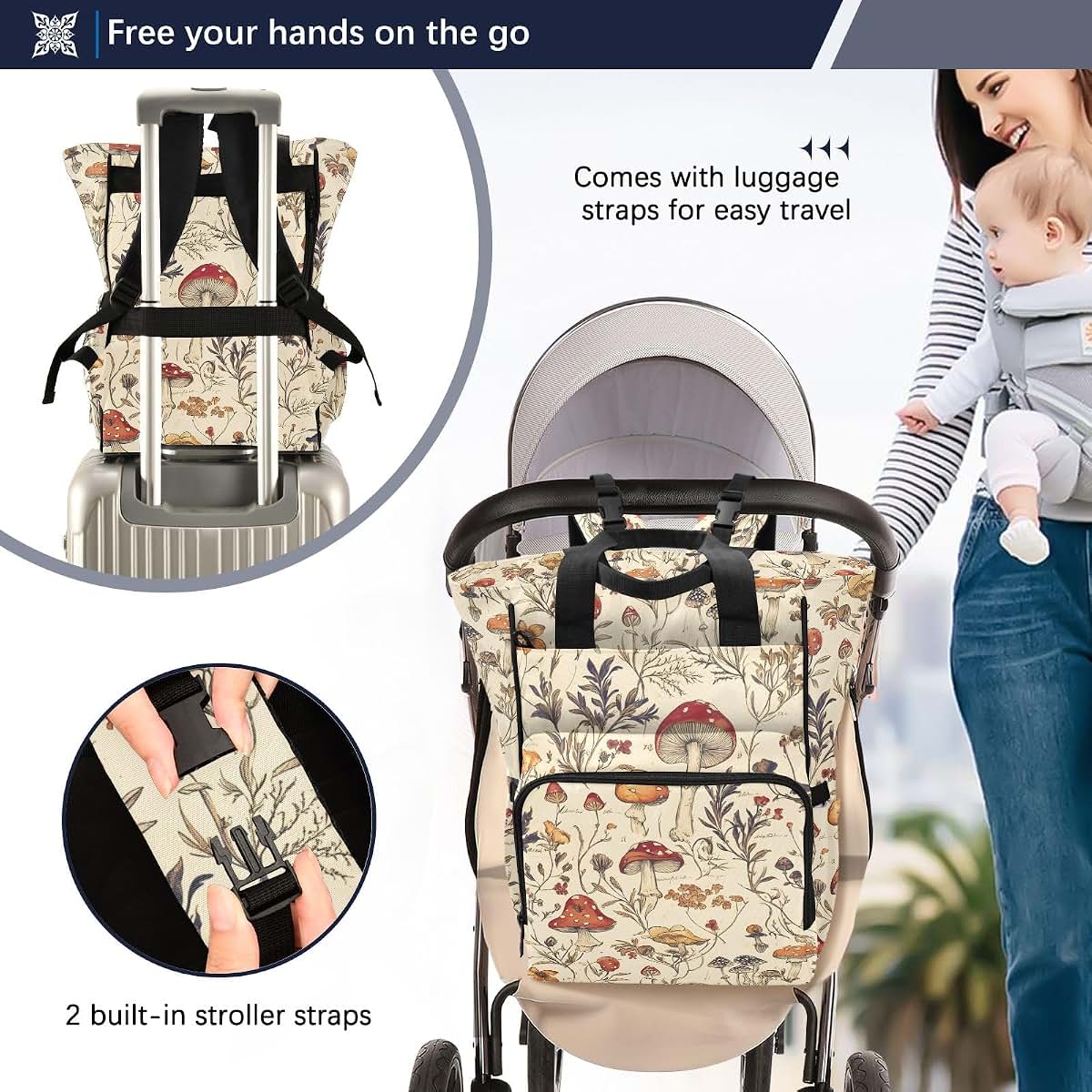 Bolaz Vintage Mushroom Diaper Bag Backpack Tote with Stroller Straps, Large Capacity