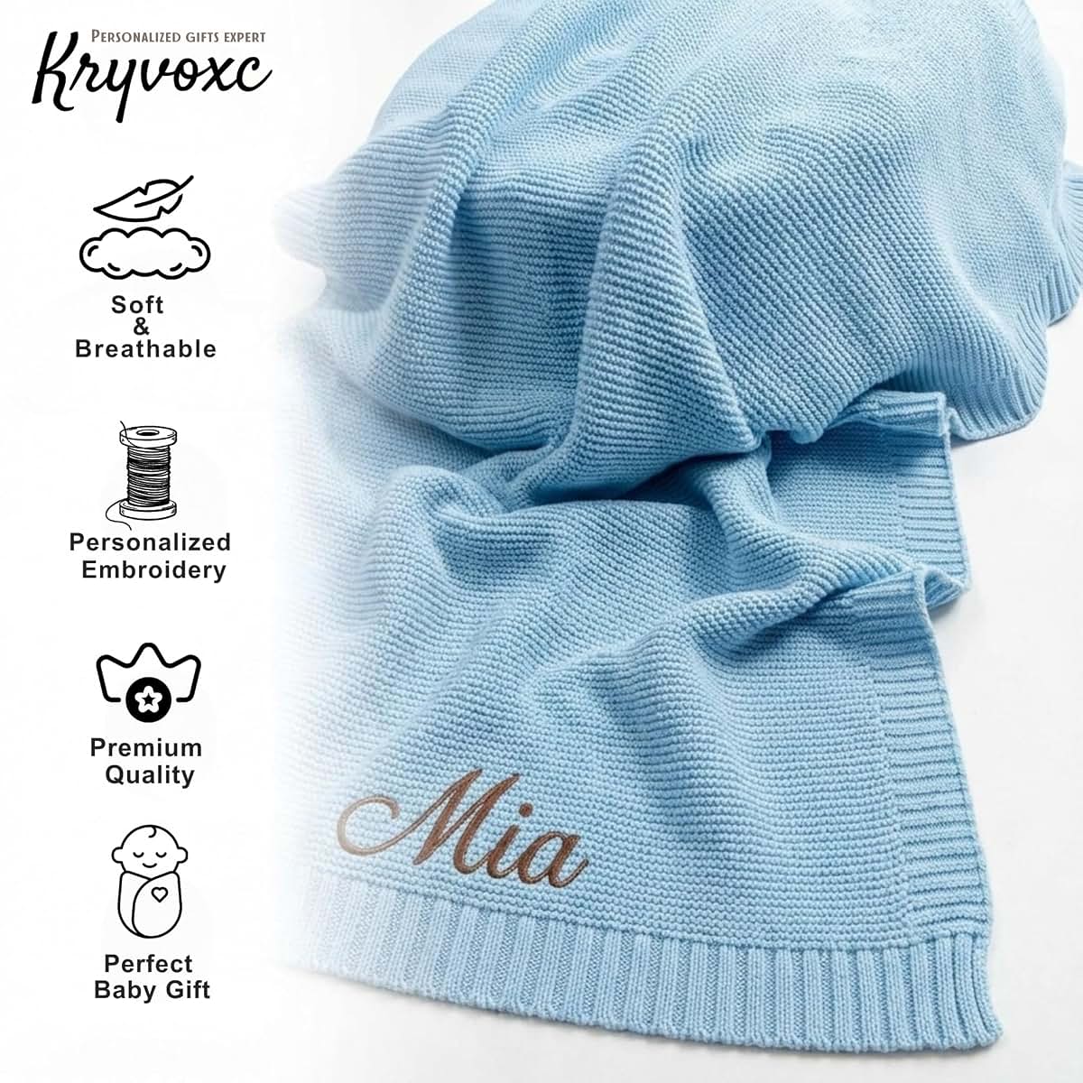 Kryvoxc Personalized Baby Blanket with Name, Cotton Receiving Swaddle Blanket and Beanie Set, Customized Baby Blankets (photo 4)
