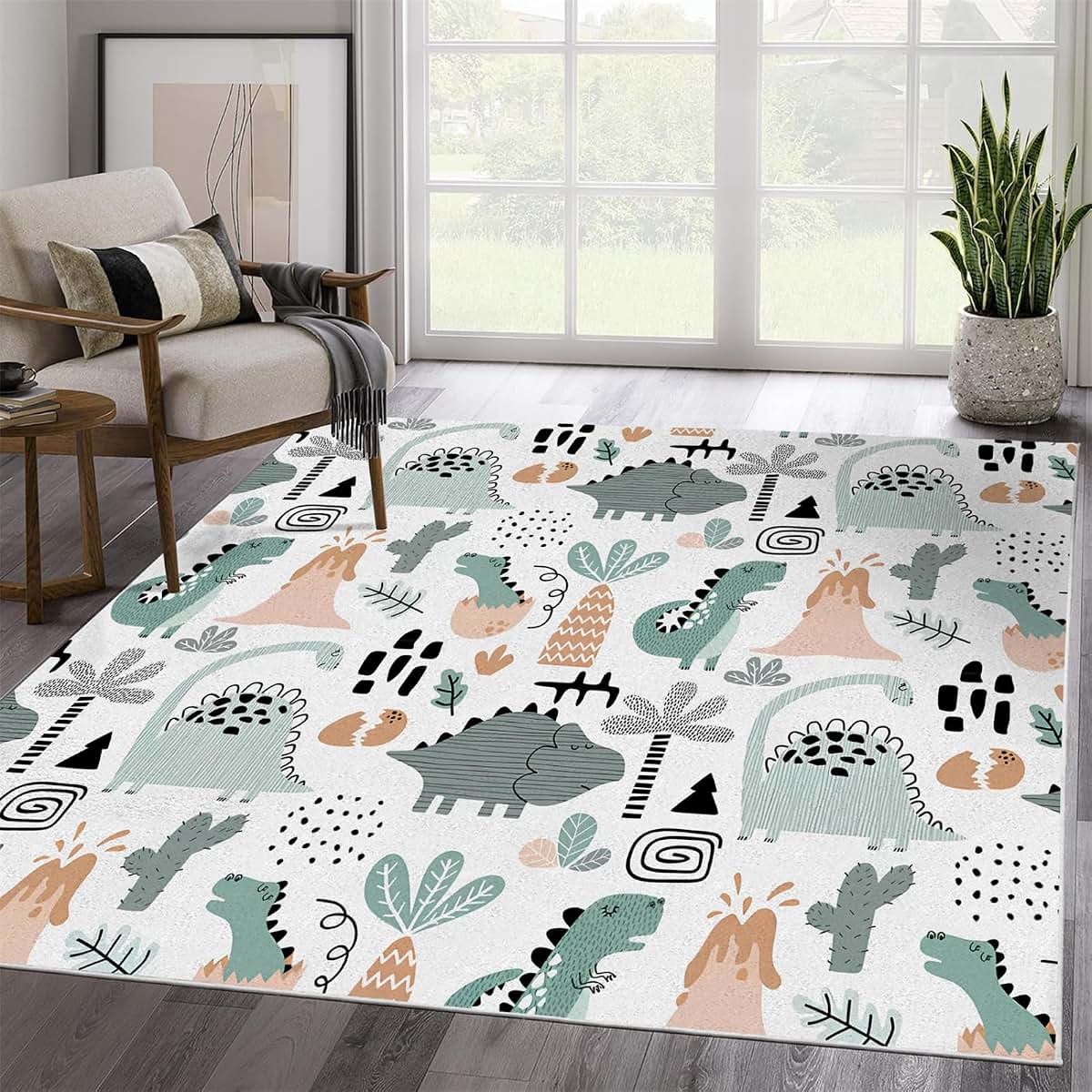 Dinosaurs Washable Area Rug 5x8 Low Pile Non Slip