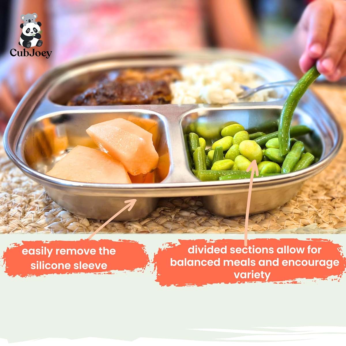 CubJoey Stainless Steel Kids Plates with Removable Silicone Suction Sleeves, 2 Pack (photo 4)