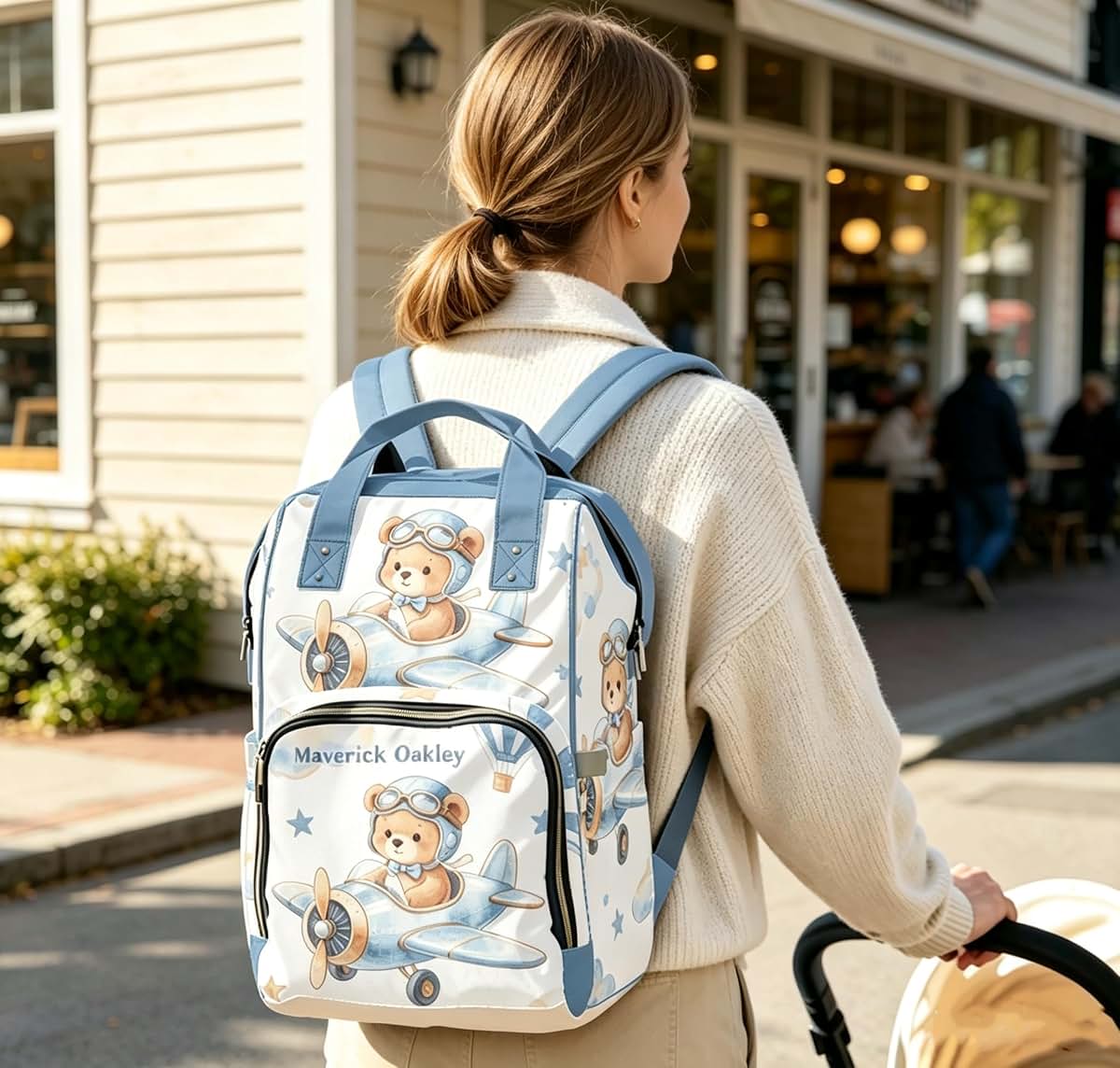 YallLocoMo Teddy Bear Personalized Baby Bag Sky Pilot Bear Multifunction Travel Diaper Bag Nappy Bag for Mom (photo 4)