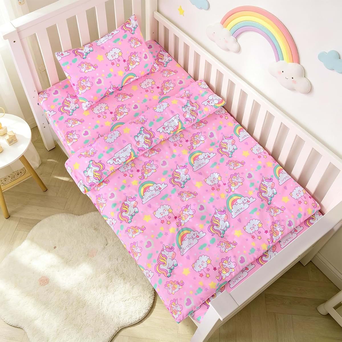 JISEN 3 Piece Crib Bedding Set Pink Unicorns