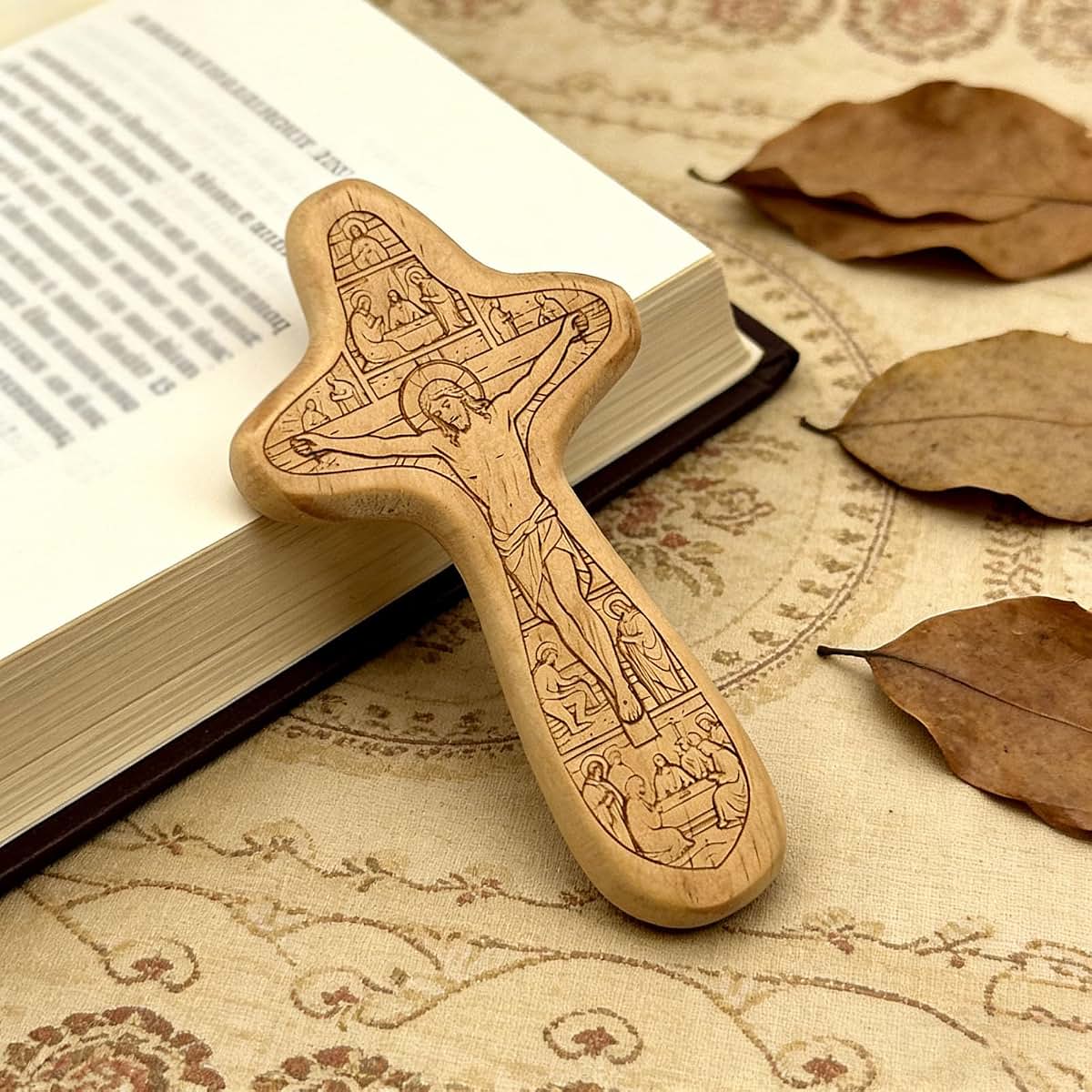 Goodangie00 Handmade Wood Cross Fidget 2-Pack, Double-Sided Carved Jesus Pocket Prayer Cross, 4.1 x 3 Inch